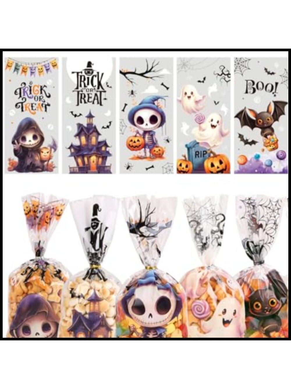 150pcs Halloween Cellophane Treat Bags with Twisted Ties OPP Candy Bags for